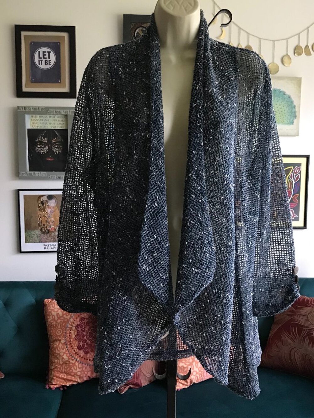 KEREN HART size L Blue Marled Open Weave Mesh Artsy Open Cardigan